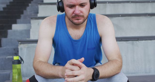 Caucasian male athlete sitting, wearing headphones and listening to music. professional runner training at sports stadium.