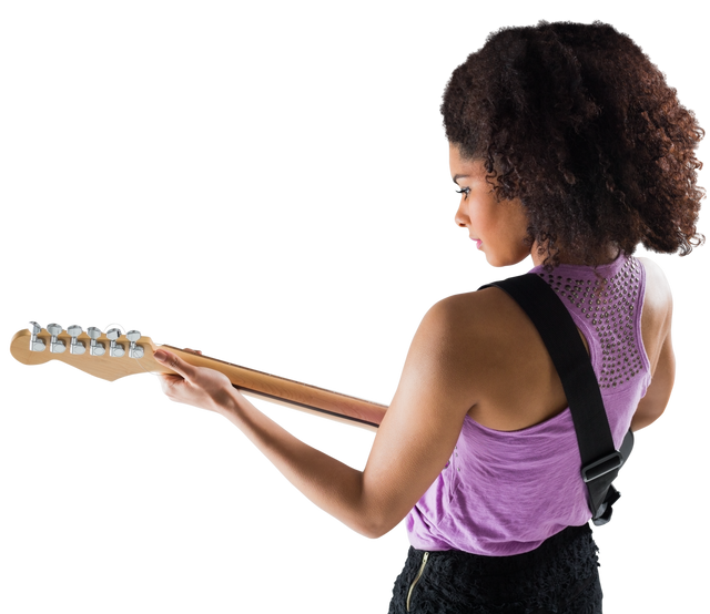 Focused Biracial Woman with Curly Hair Playing Guitar on Transparent Background - Download Free Stock Videos Pikwizard.com