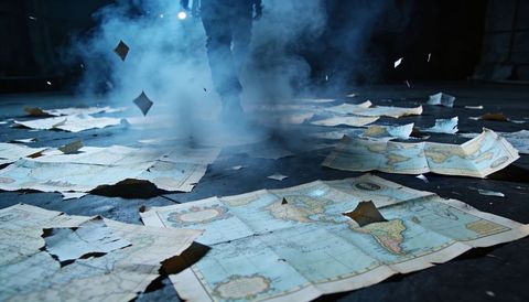 Booted figure stepping over smoking antique maps on industrial floor with fog and backlight