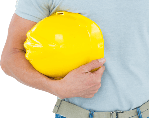 Technician holding yellow transparent hard hat close-up