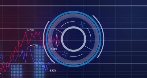 Neon Circular Scanner Overlaid on Digital Stock Market Analysis