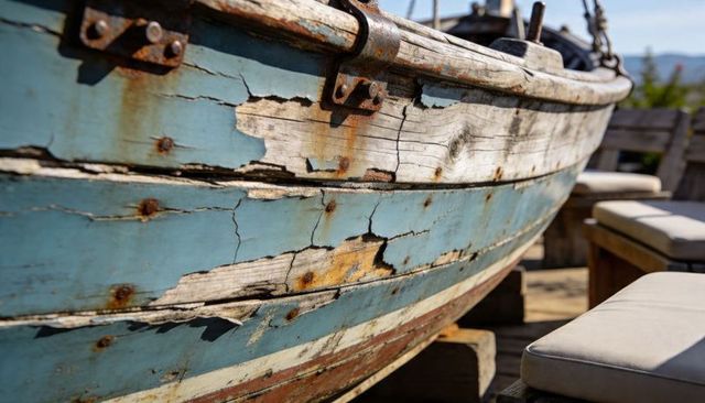 Weathered blue wooden boat hull showing peeling paint, rusted brackets and timber grain