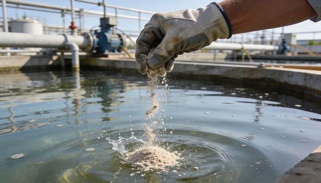 Industrial water treatment worker adding coagulant powder to clarifier pool outdoors