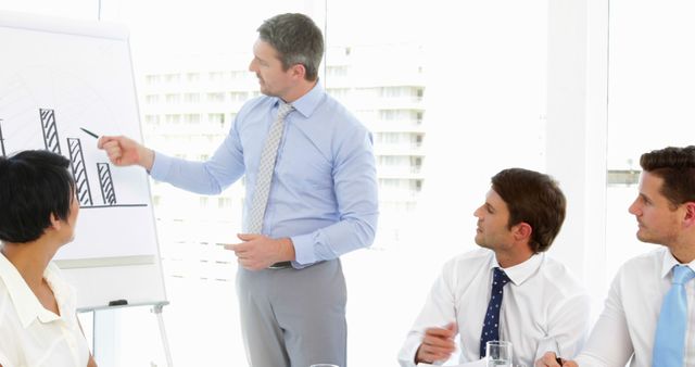 Several business professionals sitting around table engaged in discussing a bar graph presentation. Man standing points at graph while explaining data. Ideal for depicting business strategies, teamwork, office discussions, corporate training sessions, and financial analyses. Useful for blogs, corporate websites, and business planning materials.