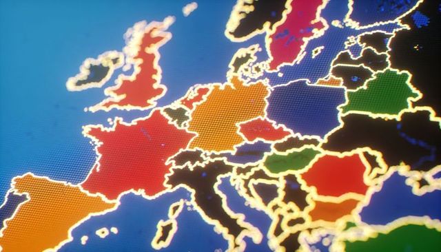 Neon pixel map of europe with glowing borders on led dot matrix display for tech themes