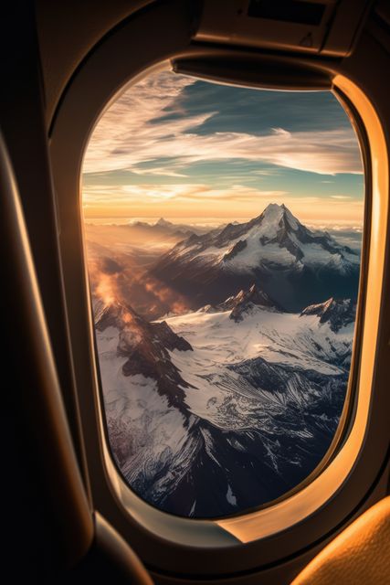 A stunning view of a snow-capped peak bathed in golden sunrise light, visible through an airplane window. Perfect for travel blogs, adventure-themed content, promoting tourism, inspiration for wanderlust-inducing posts, or landscape photography appreciation.