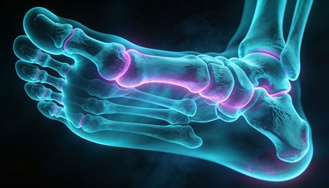Neon foot skeleton 3D rendering highlighting metatarsals and phalanges with magenta glow