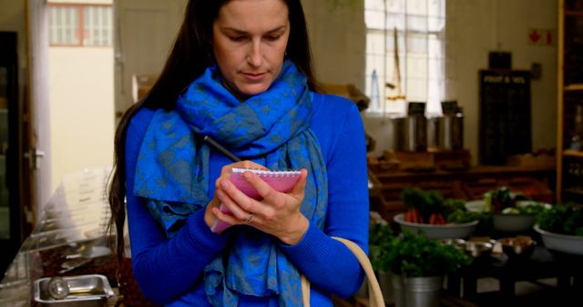 Woman Shopping with Pink Phone in Grocery Store - Download Free Stock Images Pikwizard.com