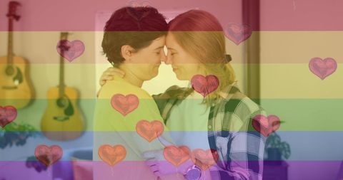 LGBTQ Couple Embracing with Rainbow Flag Overlay