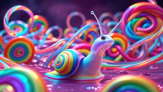 Enchanting rainbow snail among luminous neon spirals