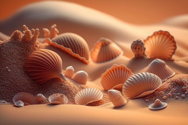 Various seashells scattered on a sandy beach, highlighting natural marine elements. Ideal for use in summer adventure themes, marine biology, beach vacation advertisements, or travel promotions emphasizing natural beauty.