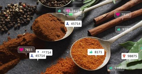Ground spices in metal spoons with social media overlays for food marketing and recipes