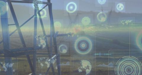 Oil pump and digital data overlay in grassy landscape