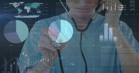 Doctor Holding Stethoscope While Interacting with Holographic Health Analytics Dashboard