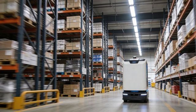 Autonomous warehouse robot navigating wide aisle between pallet racks for logistics