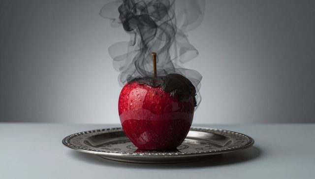 Smoldering red apple releasing smoke on ornate silver platter with glossy water droplets