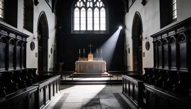 Sunbeam bathing stone altar in gothic chapel with crucifix and stained-glass window
