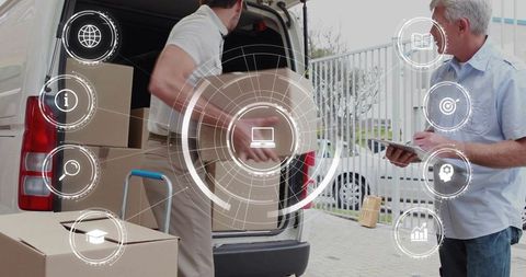 Loading van with smart logistics hud overlay showing inventory tracking and delivery