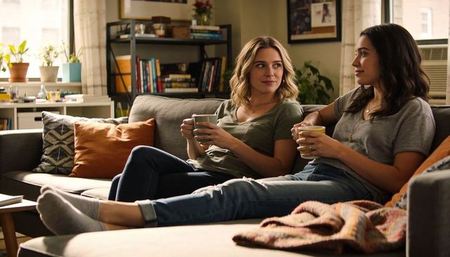 Two women relaxing on sofa with mugs in cozy apartment living room sharing conversation