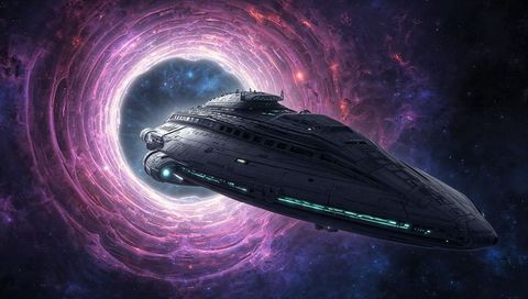 Futuristic starship traversing glowing wormhole in deep space