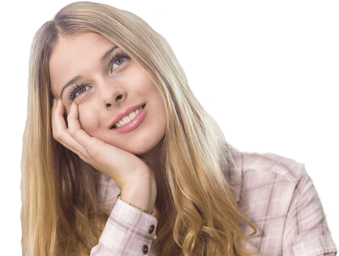Smiling Thoughtful College Student with Long Blonde Hair on Transparent Background