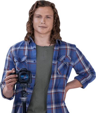 Confident Young Photographer Holding Camera on Transparent Background - Download Free Stock Videos Pikwizard.com