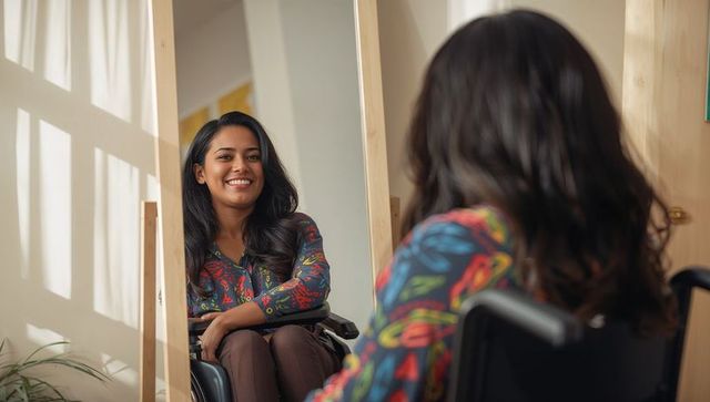 Smiling woman in wheelchair admiring reflection in sunlit bedroom mirror