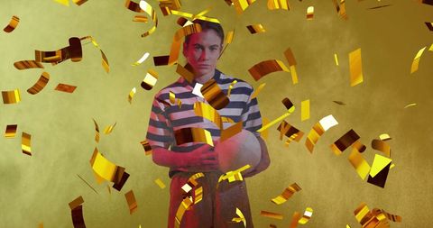 Caucasian Female Rugby Player Celebrating Victory with Falling Confetti