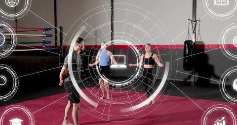Group skipping rope circuit training in boxing gym with futuristic hud overlay