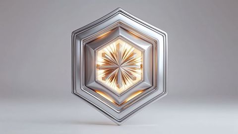 Geometric hexagonal metal sculpture with illuminated core