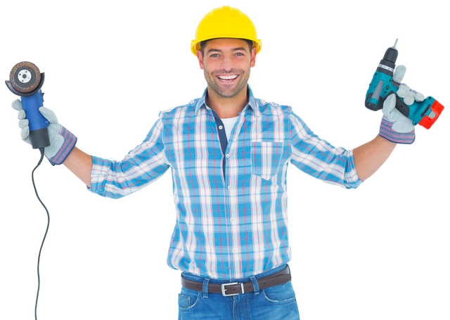 Cheerful Manual Worker Holding Angle Grinder and Drill, Wearing Yellow hard hat - Download Free Stock Videos Pikwizard.com