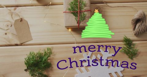 Merry Christmas Text Over Presents on Wooden Tabletop