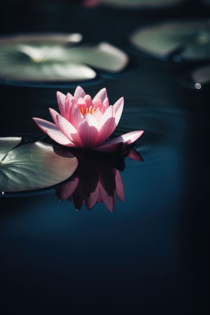Single pink lotus bloom reflected on pond. Symbol of peace, serenity. Ideal for wellness themes, calm backgrounds, eco-friendly designs.