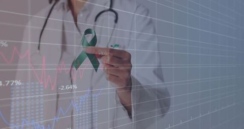 Doctor Holding Green Awareness Ribbon Before Digital Health Chart