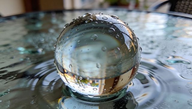 Glowing glass sphere reflecting and refracting on wet patio table water droplets macro