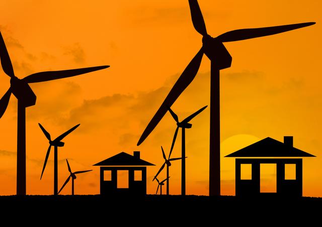 Wind turbines silhouetted against an orange sky at sunset among house silhouettes. Ideal for representing renewable energy, eco-friendly living, and sustainable practices. Useful for environmental campaigns, educational materials, and advertisements focused on alternative energy sources.