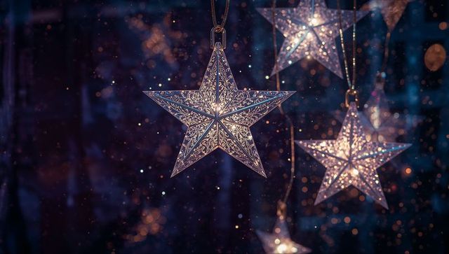 Glowing filigree star lanterns with bokeh sparkle effect