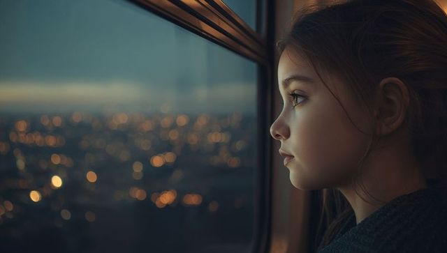 Girl Behind Window Gazing at City Lights Contemplatively