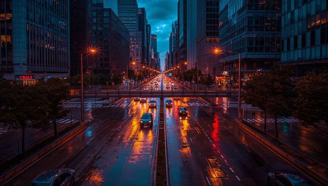 Urban avenue at dusk with wet reflective roadway, glowing streetlights and moving traffic