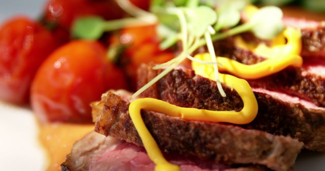 Close-Up of Juicy Beef Steak Topped with Mustard and Microgreens - Download Free Stock Photos Pikwizard.com