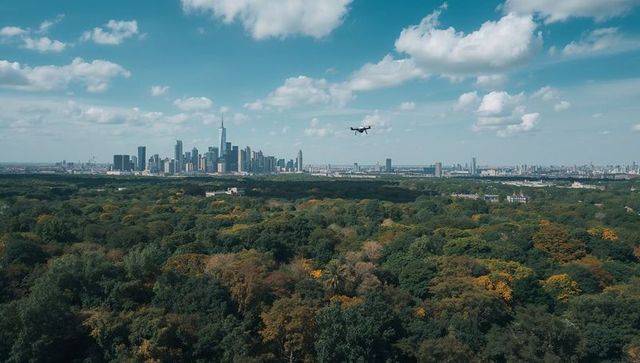 Urban Drone Hovering Over Expansive Park Canopy with Distant City Skyline and Clouds
