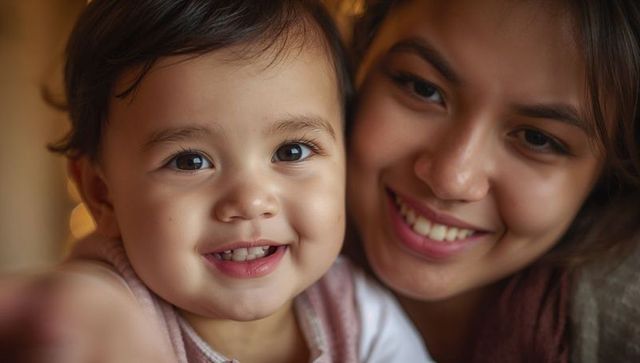 Smiling toddler and mother leaning close, warm room bokeh creating cozy family moment