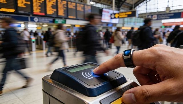 Commuter tapping smart ring on nfc reader at busy train station gate