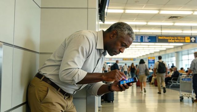 Senior traveler checking smartphone in busy airport concourse with carry-on luggage