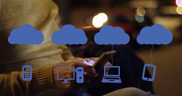 Person Using Smartphone for Cloud Data Transfer Across Multiple Devices - Download Free Stock Images Pikwizard.com