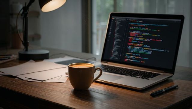 Morning coffee steaming beside laptop displaying code on wooden desk with warm lamp light