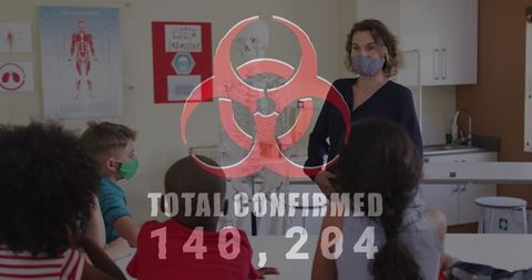 Anatomy lesson with pandemic precautions and biohazard overlay