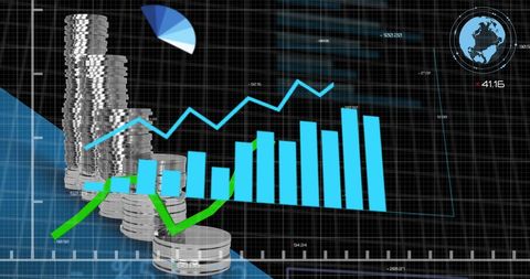 Financial data with stacked coins and global analytics