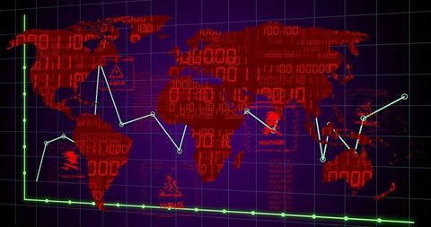 Binary world map with virus icons on purple grid background