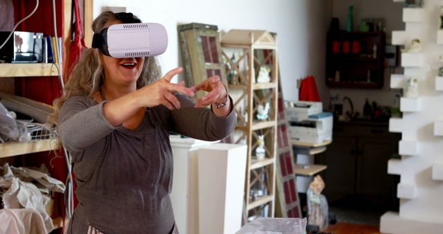 Woman Exploring Virtual Reality Technology in Home Office - Download Free Stock Images Pikwizard.com